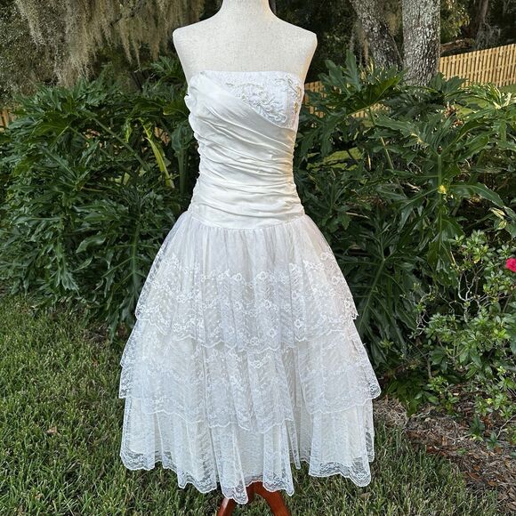 Vintage Flirtations Angelo Alfred Ivory Lace Strapless Tiered Dress Fit & Flare - Picture 10 of 14